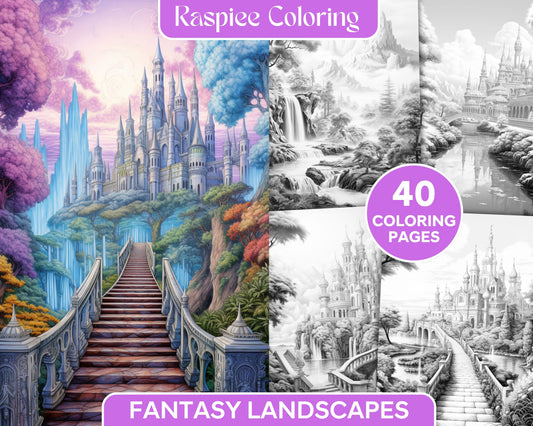 Fantasy Landscapes Coloring Pages for Adults, Relaxing Printable Coloring Sheets, DIY Adult Coloring Pages, Fantasy Landscape Printable Downloads, Mindful Coloring Activities, Detailed Grayscale Printable Art Therapy