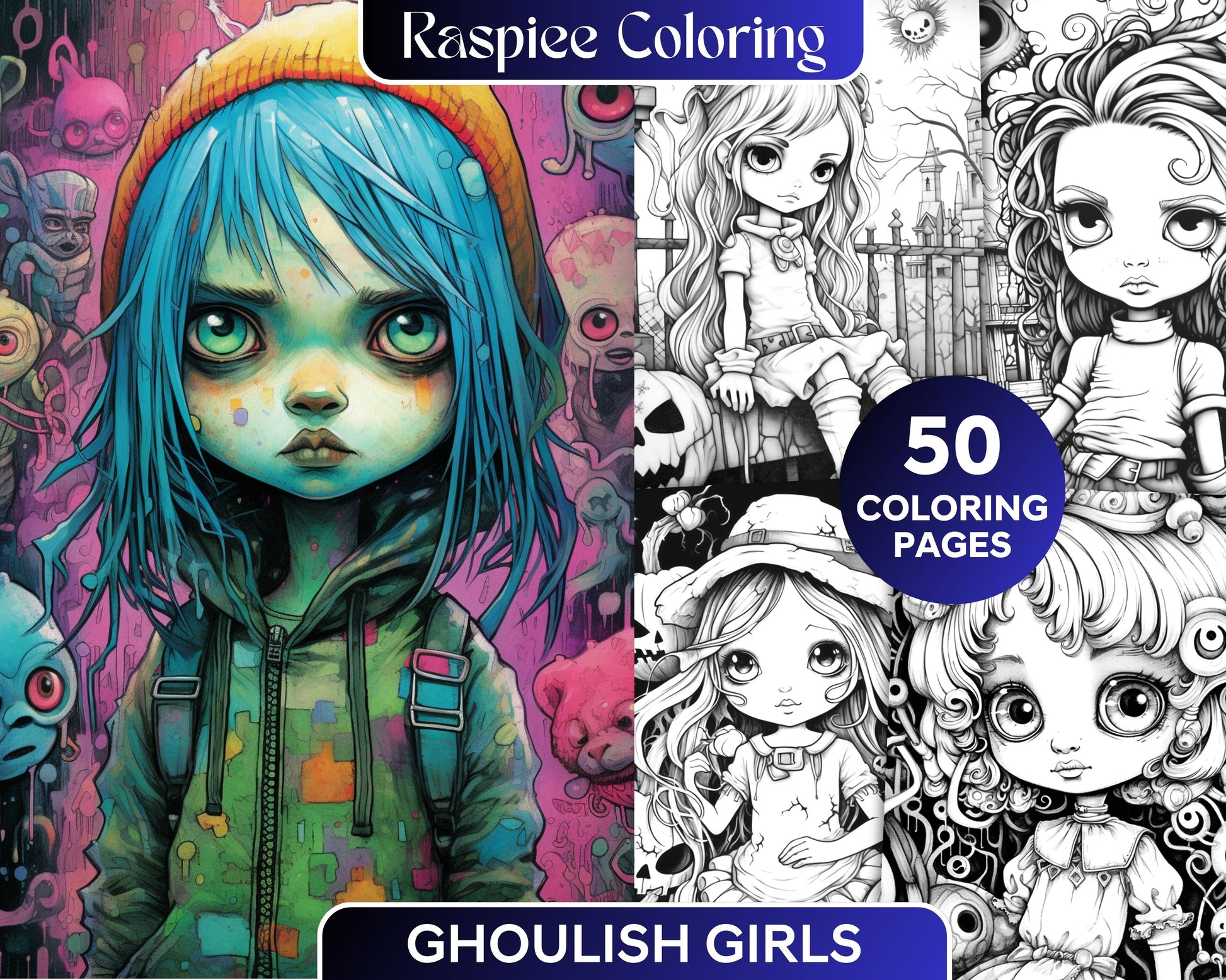 Ghoulish Girls Grayscale Coloring Pages, Adult Halloween Coloring Printable, Spooky Gothic Coloring Book, Witchcraft and Ghostly Art Prints, Dark Fantasy Coloring Sheets