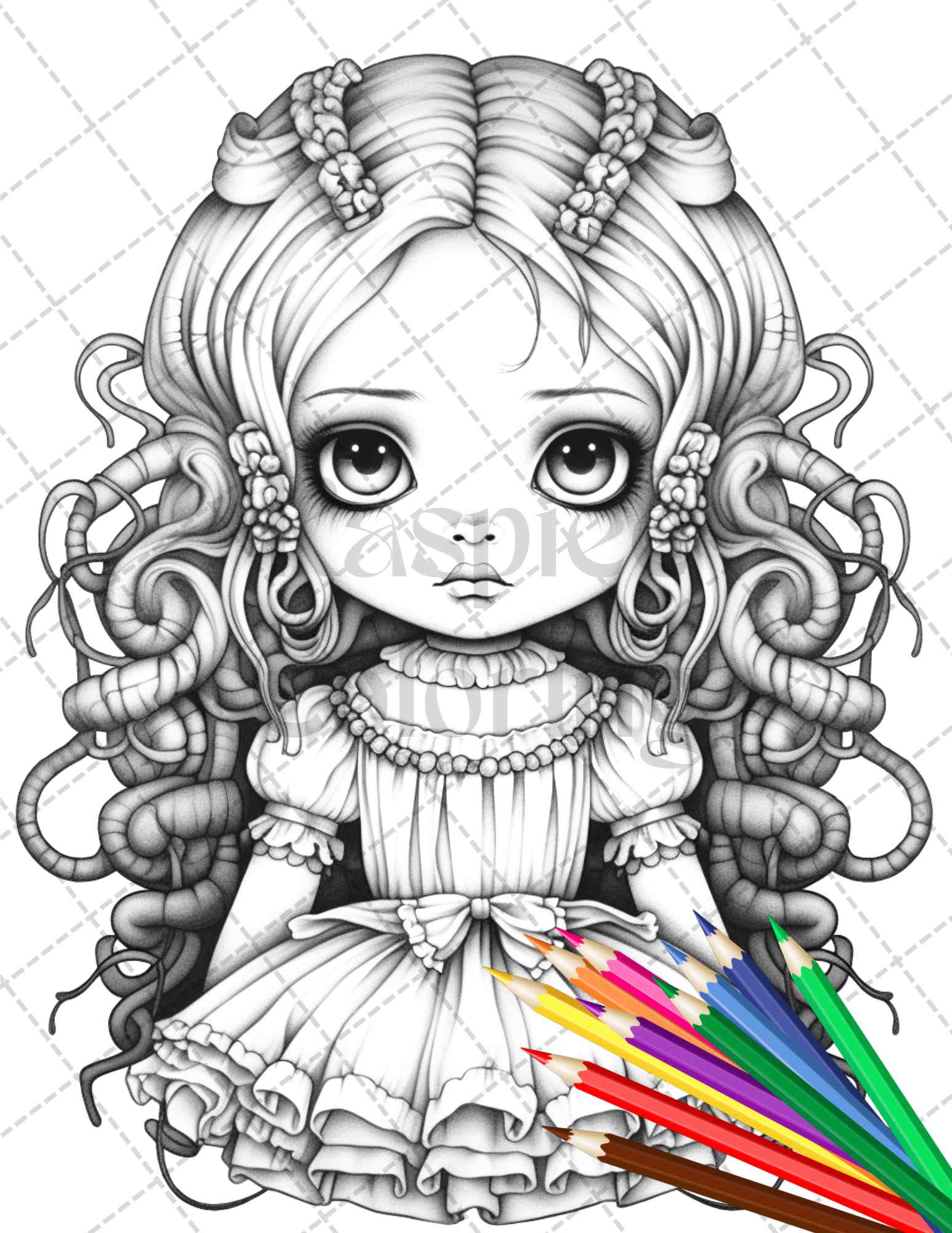 creepy porcelain doll coloring page, grayscale coloring sheet for adults, halloween coloring page for adults