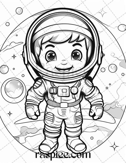 Cute astronaut coloring page for kids, Fun outer space coloring activity sheet, Printable astronaut adventures coloring page, Children's space-themed coloring illustration, Coloring sheet for imaginative play, Educational space exploration coloring page, Creative learning with astronaut artwork