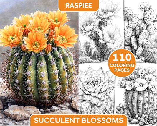 Succulent Blossoms Adult Coloring Pages Printable PDF Instant Download - RASPIEE