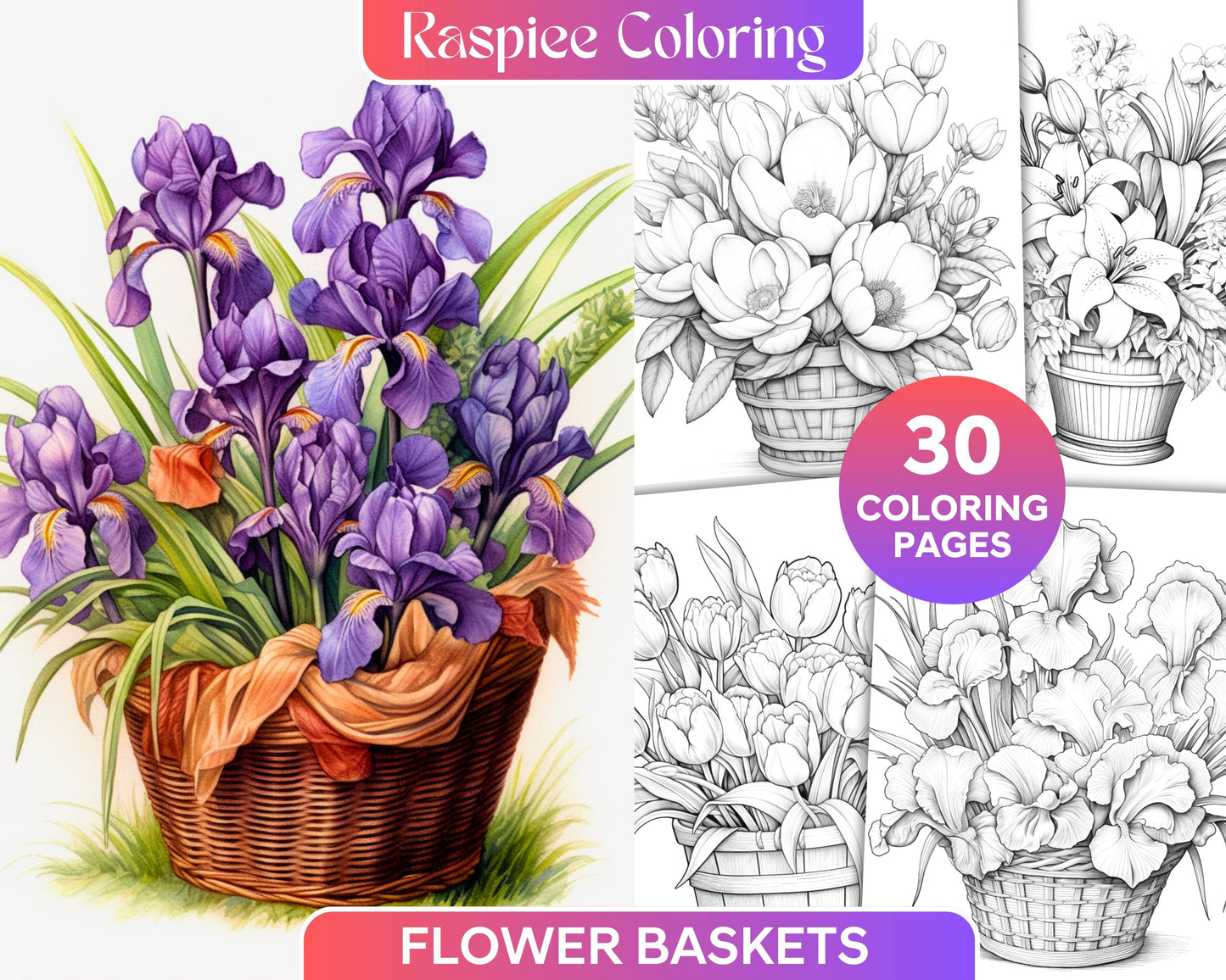 Flower baskets grayscale coloring pages, adult coloring, grayscale art, black and white coloring, printable coloring pages, stress relief, mindfulness, coloring therapy, grayscale illustrations