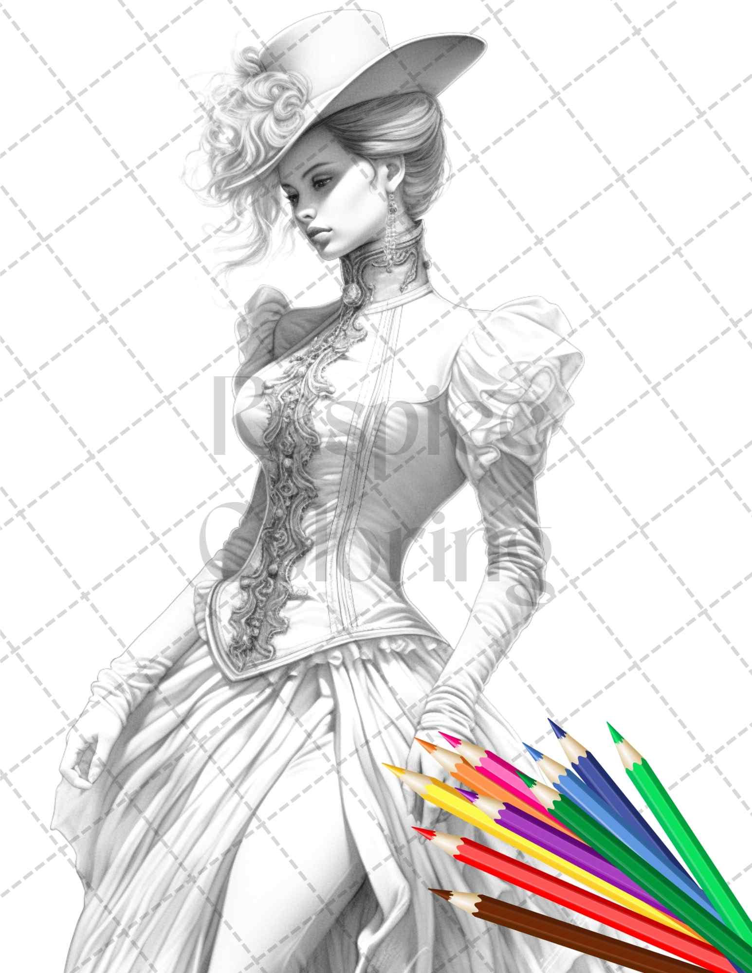 Victorian fashion grayscale coloring pages, printable grayscale coloring sheets, grayscale illustrations for adults, vintage fashion coloring, detailed grayscale artwork