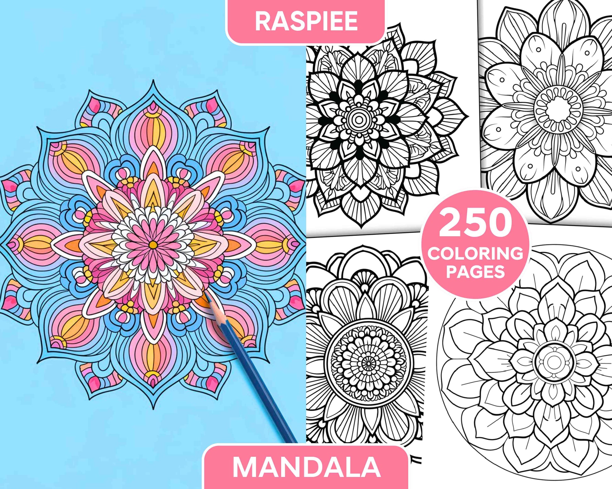 250 Mandala Adult Coloring Pages Vol.3 - RASPIEE