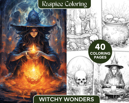 Witchy Wonders Grayscale Coloring Page for Adults, Printable Witchcraft-Themed Coloring Page, Halloween Coloring Pages for Adults