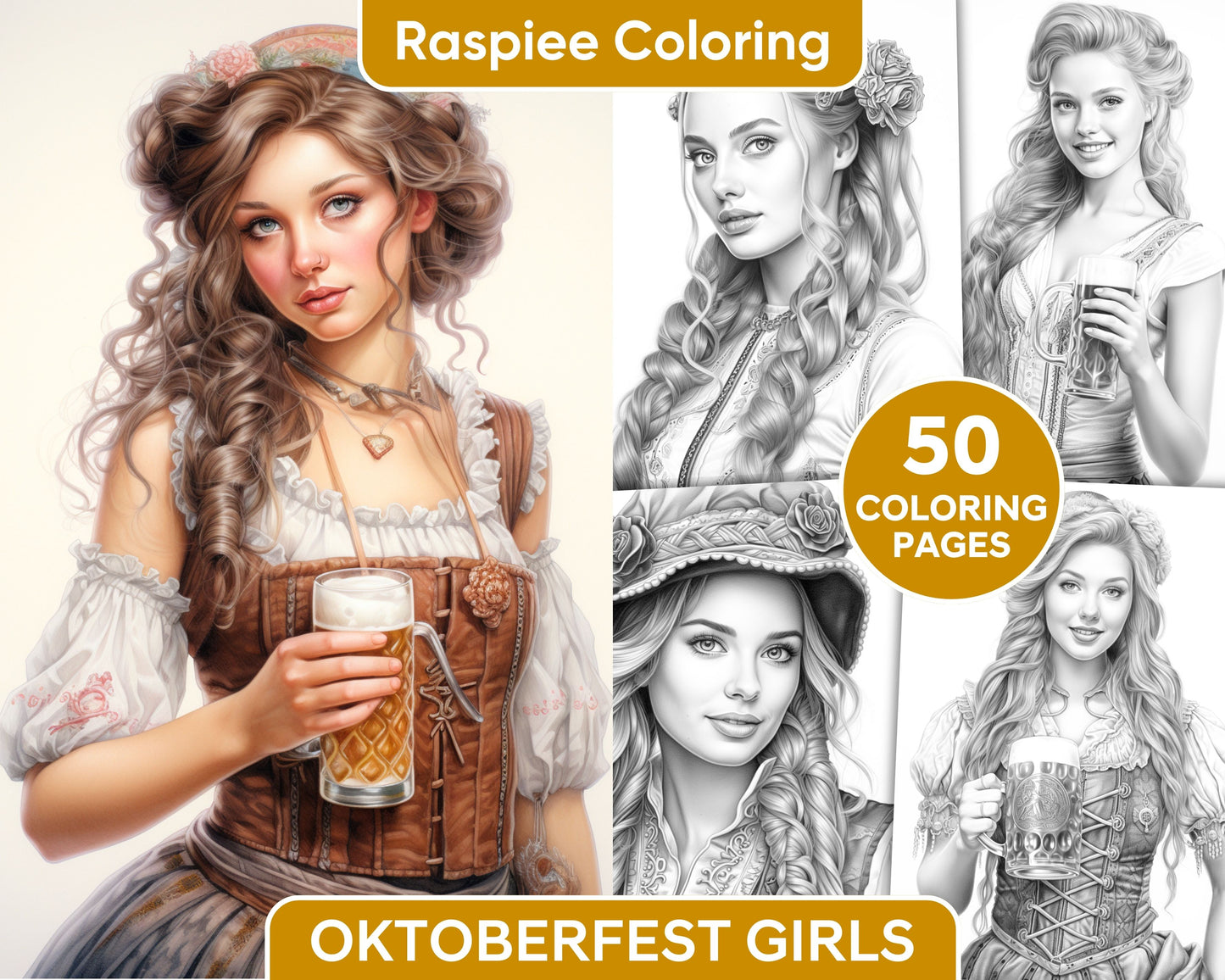 Oktoberfest girls grayscale coloring pages, adult coloring pages, german coloring pages, portrait coloring pages for adults, portrait coloring book printable, portrait coloring sheets