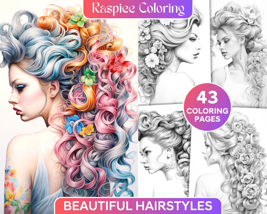 43 Beautiful Hairstyles Grayscale Coloring Pages Printable for Adults,
