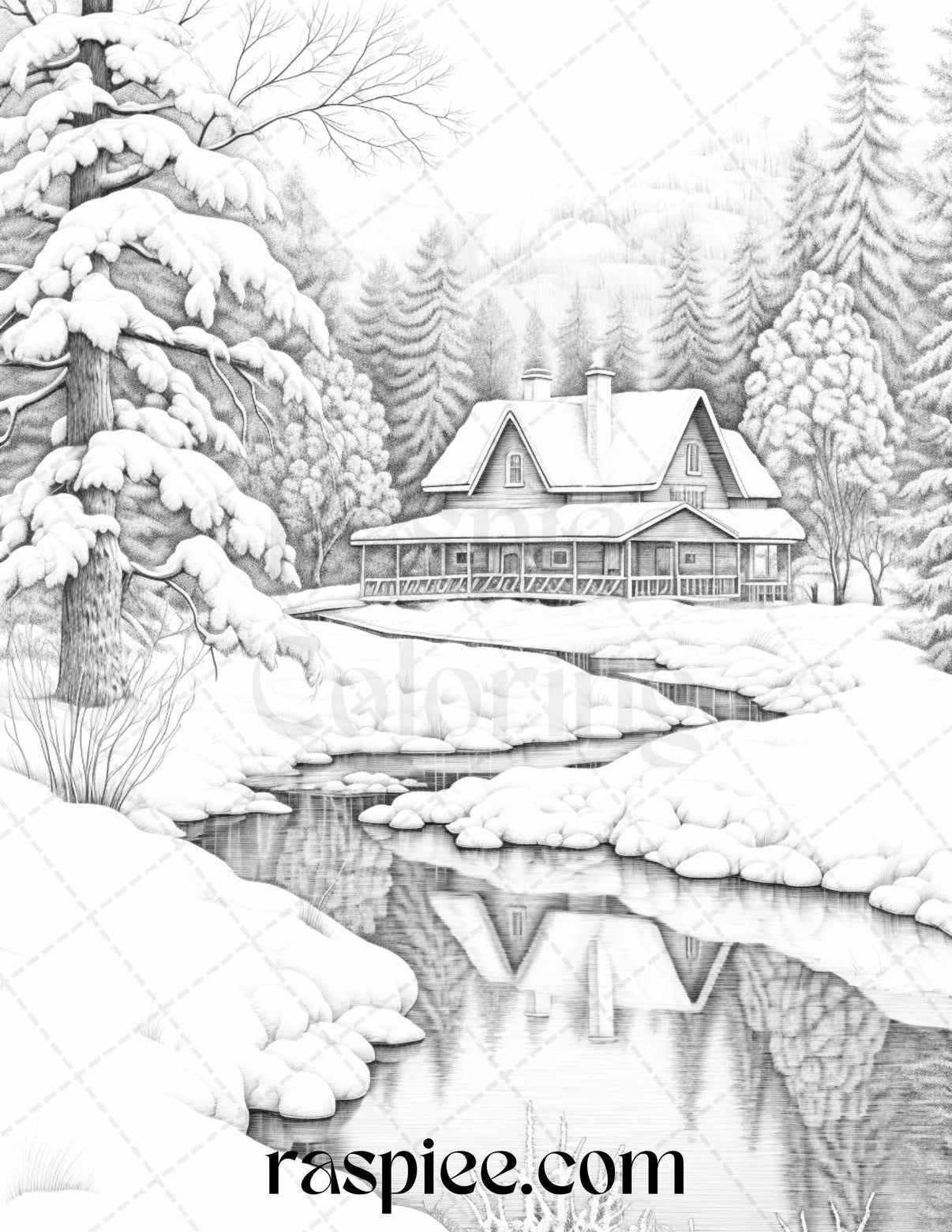 Winter Scenery Grayscale Coloring Pages Printable, Relaxing Snowy Land