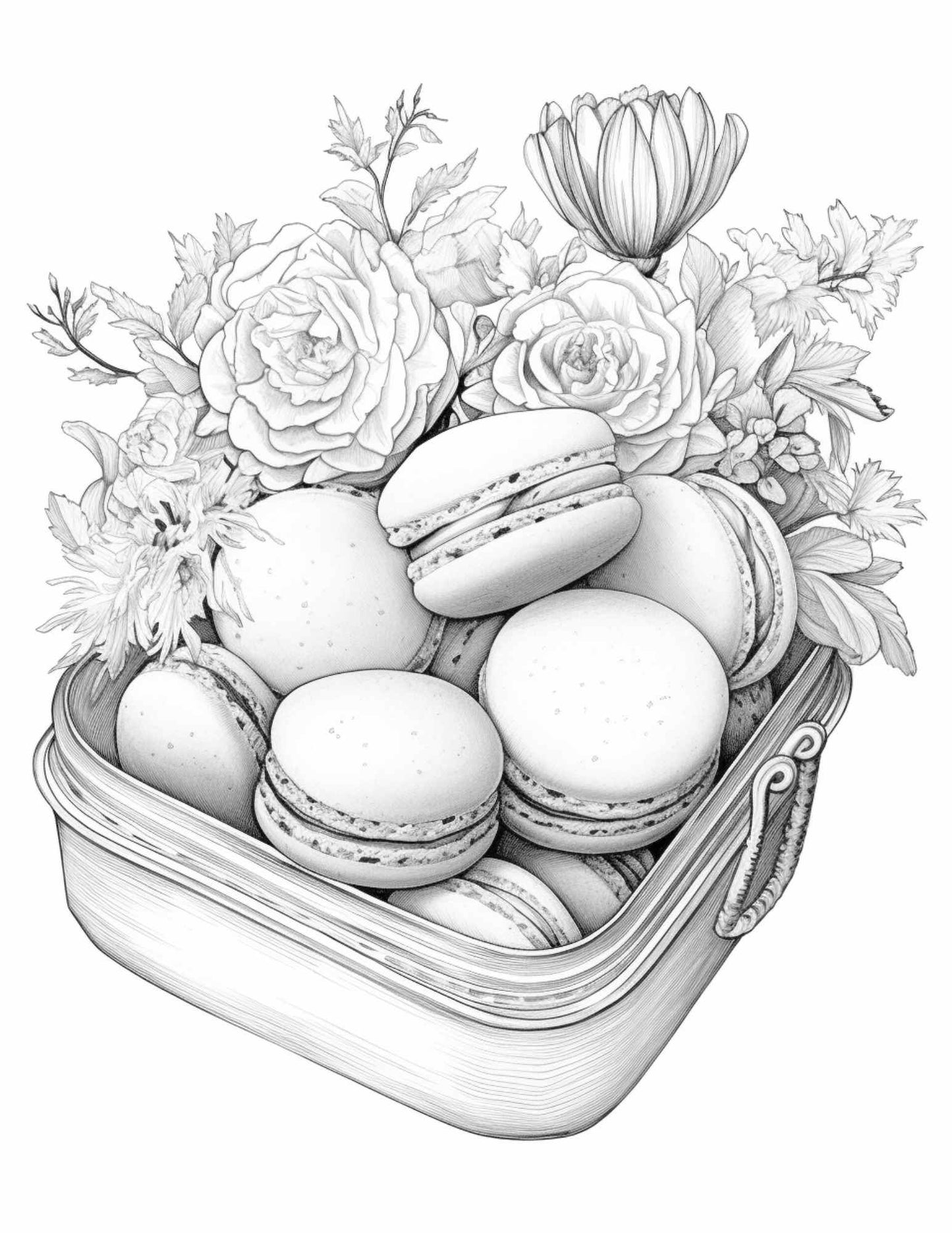 vintage macarons grayscale coloring pages, printable coloring pages for adults, free coloring pages, grayscale art, macarons coloring