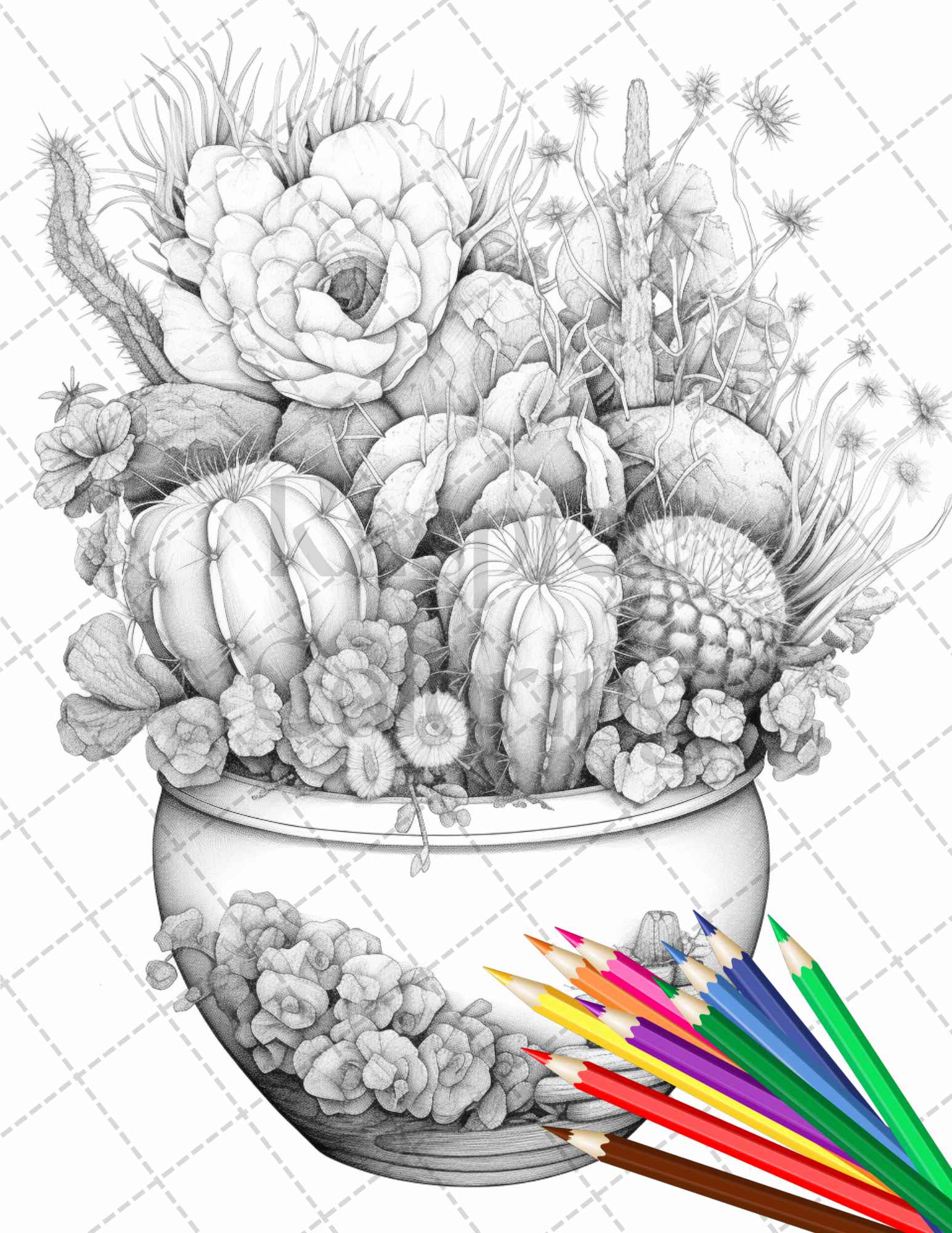 40 Charming Cactus Pots Grayscale Coloring Pages Printable for Adults, PDF File Instant Download - raspiee