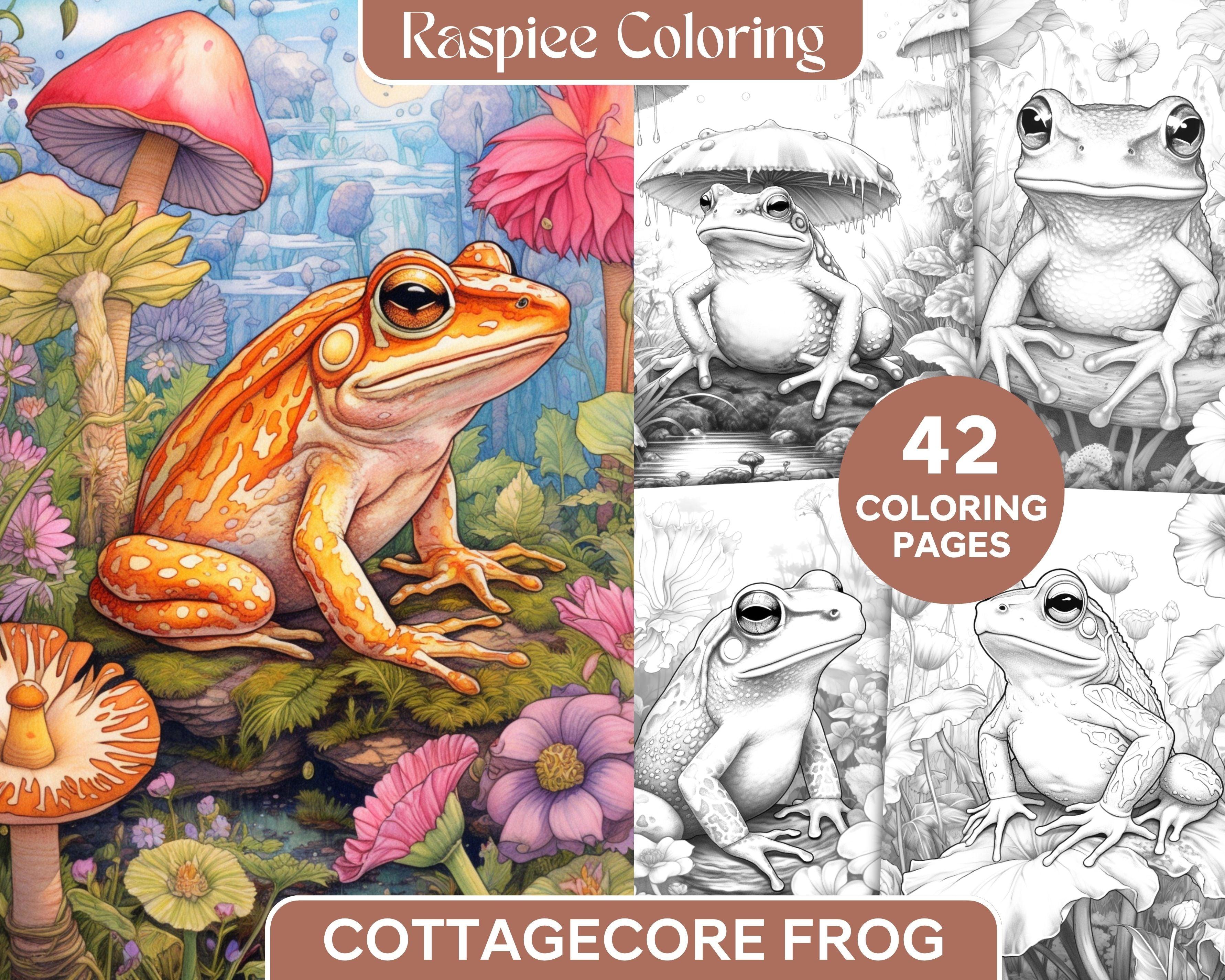 42 Cottagecore Frog Grayscale Coloring Pages Printable for Adults, PDF ...