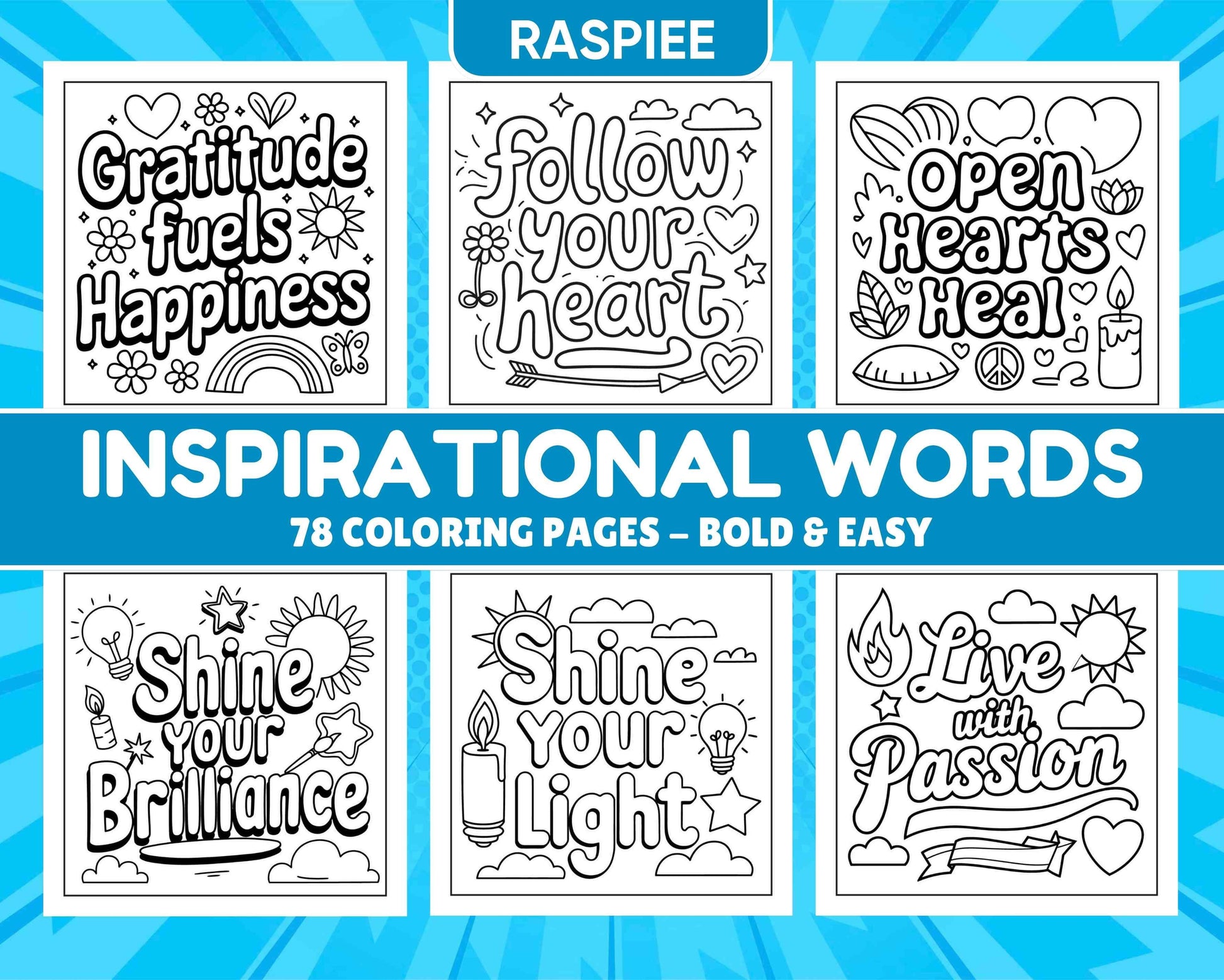 78 Bold and Easy Inspirational Words Coloring Pages Printable PDF Instant Download - RASPIEE