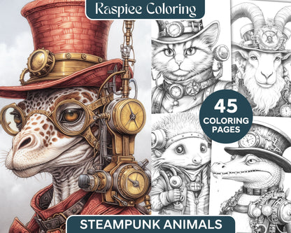 steampunk animals grayscale coloring pages, printable coloring book, adult coloring art, black and white animal art, intricate grayscale designs, animal coloring pages for adults