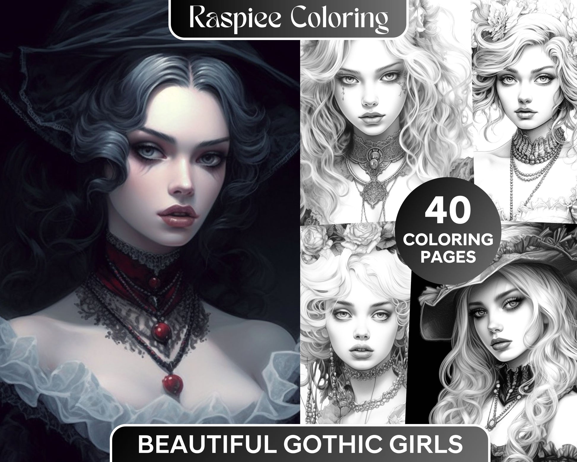 Gothic Girls Grayscale Coloring Page for Adults | Printable Dark Fantasy Artwork