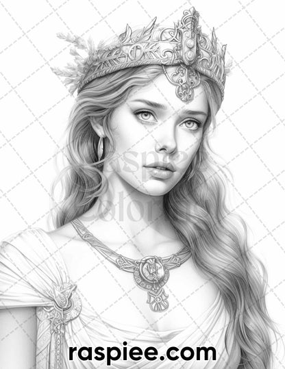 Ancient Greece Women Coloring Page, Historical Coloring Sheet, Vintage Greek Portraits Coloring Pages, Adult Coloring Book Page, Women Portrait Coloring Pages, Grayscale Coloring Pages