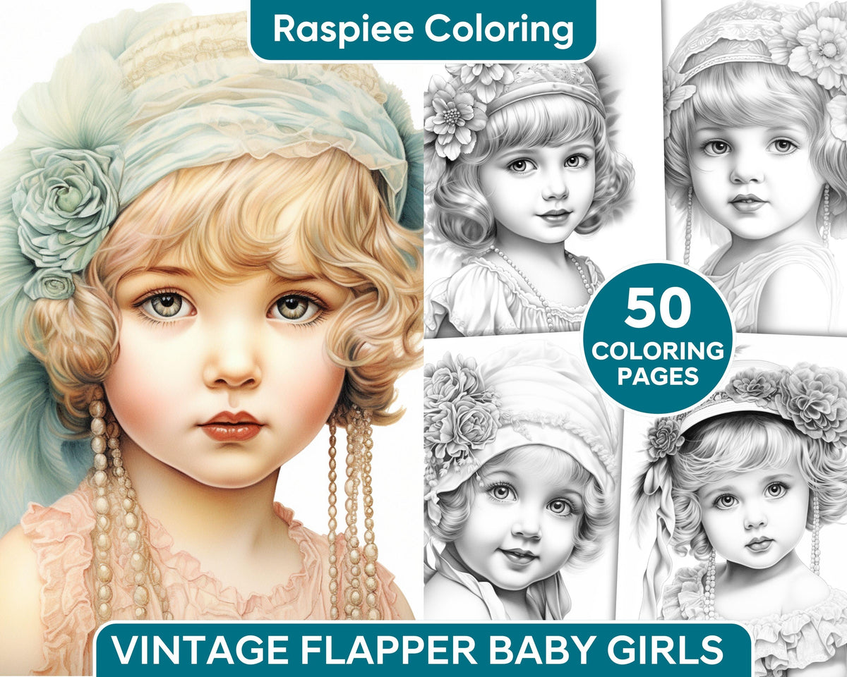 50 Vintage Flapper Baby Girls Grayscale Coloring Pages for Adults, Pri