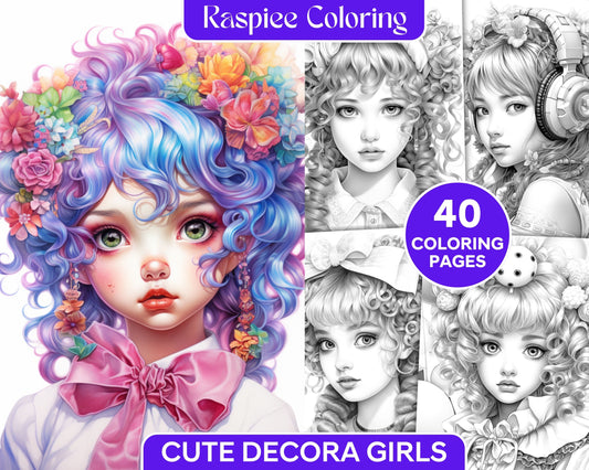 Cute Decora Girls Coloring Pages, Grayscale Printable Coloring Sheets, Coloring Book for Adults and Kids