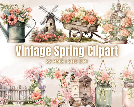 Vintage Spring Watercolor Clipart Bundle