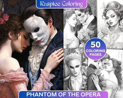 Phantom of the Opera grayscale coloring pages, portrait coloring pages for adults