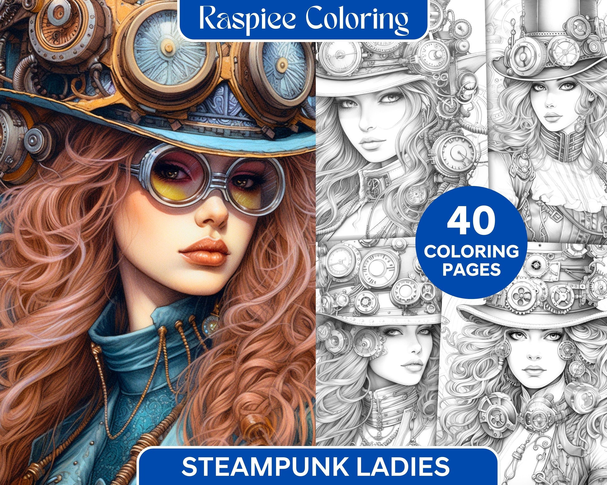 steampunk ladies grayscale coloring pages, printable coloring for adults, black and white coloring sheets, Victorian-style grayscale illustrations, intricate designs for coloring, portrait coloring pages