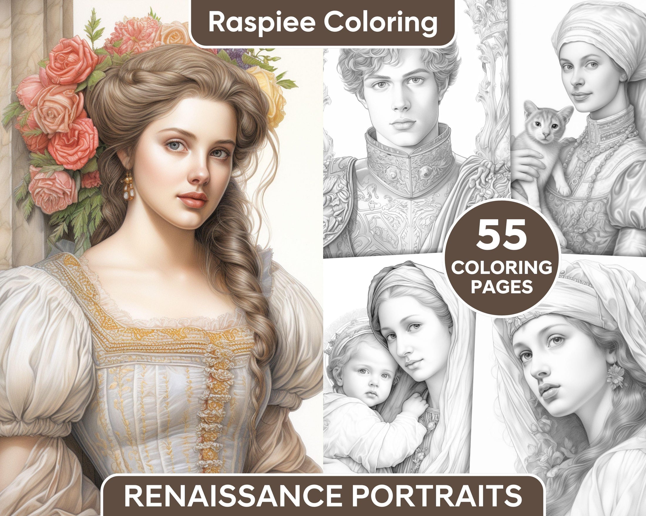 55 Renaissance Portraits Grayscale Adult Coloring Pages, Printable PDF ...