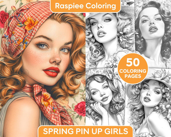 50 Vintage Spring Pin Up Girls Grayscale Adult Coloring Pages, Printab ...