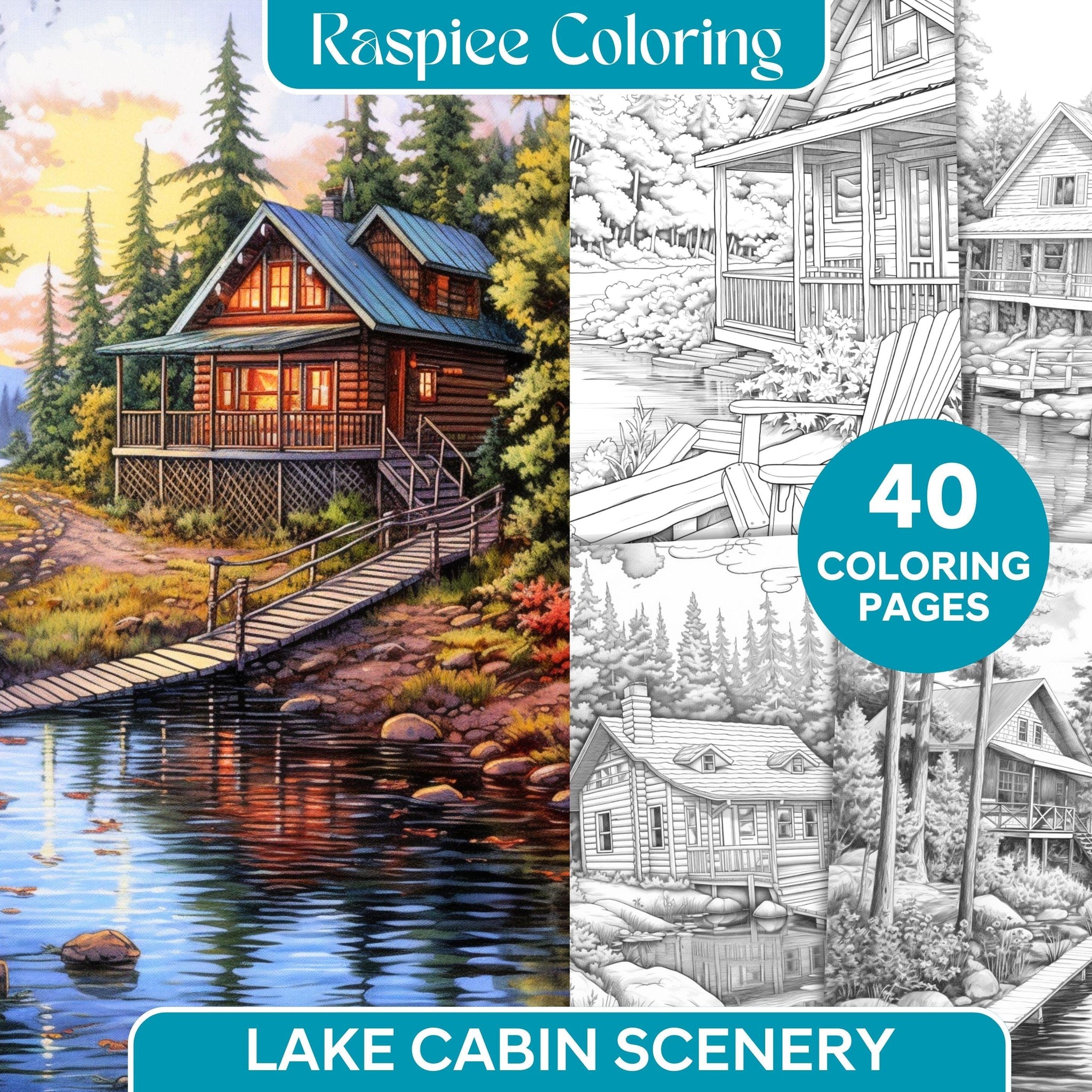 Lake Cabin Scenery Grayscale Coloring Pages Printable for Adults, PDF