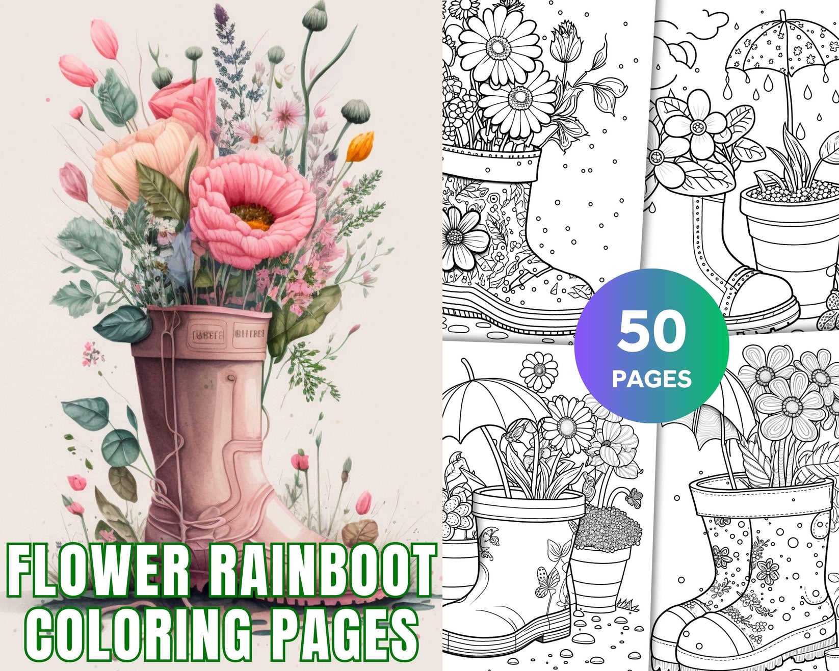 50 Printable Flower Rainboot Coloring Pages for Adults Floral Graysca