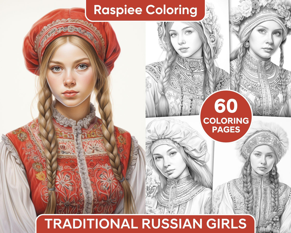 60 Traditional Russian Girls Grayscale Adult Coloring Pages, Printable ...
