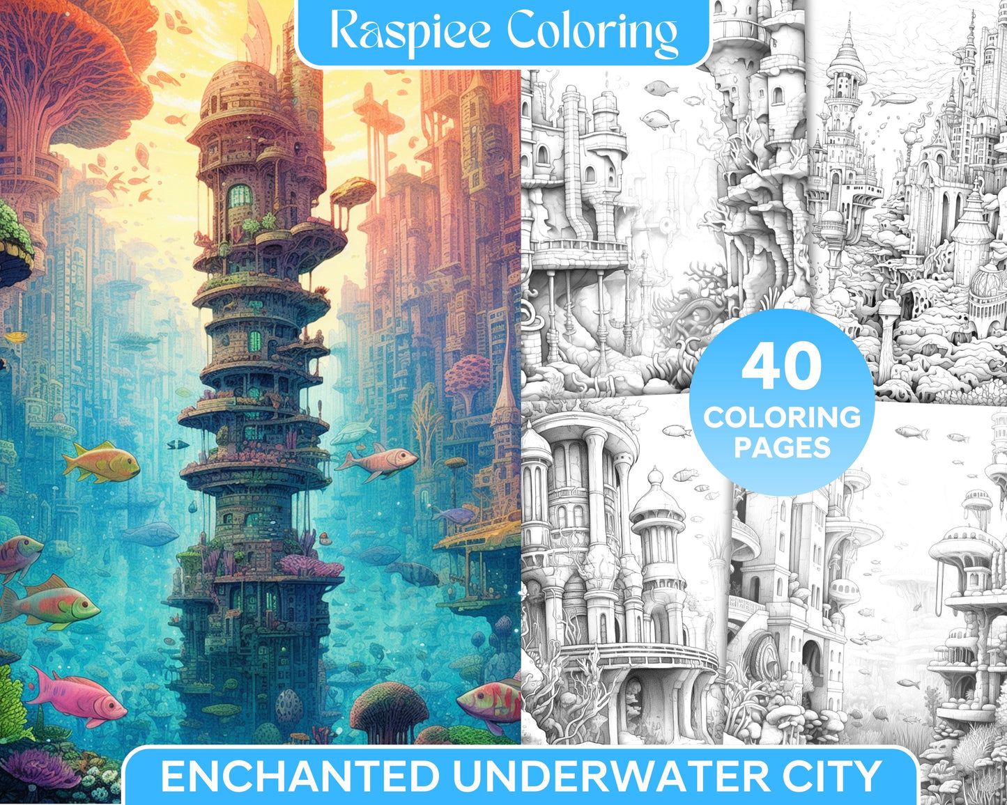 enchanted underwater city grayscale coloring pages, ocean scenes coloring, printable coloring pages for adults, grayscale art for stress relief, detailed coloring pages, printable adult coloring pages