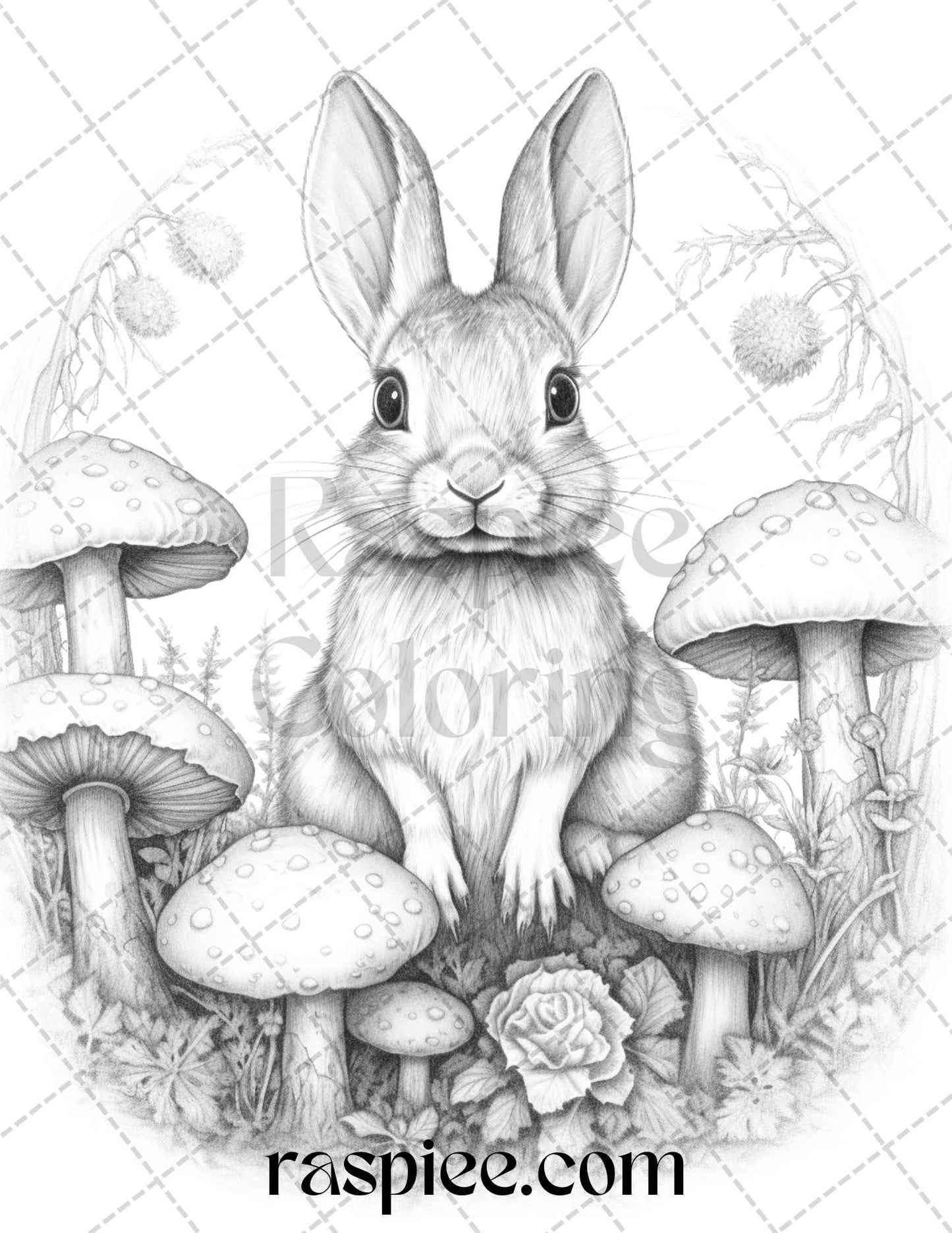 Rabbit Garden Grayscale Coloring Page, Adult Coloring Page Printable, Detailed Rabbit Art for Coloring, Animal Coloring Page for Adults