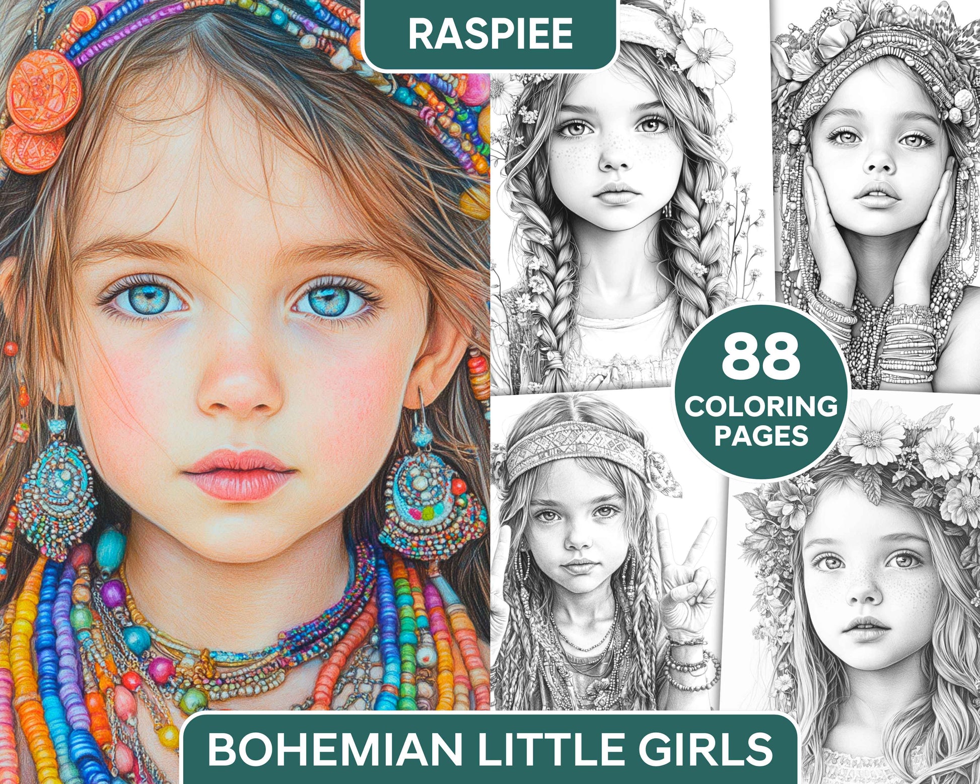 88 Bohemian Little Girls Portrait Adult Coloring Pages