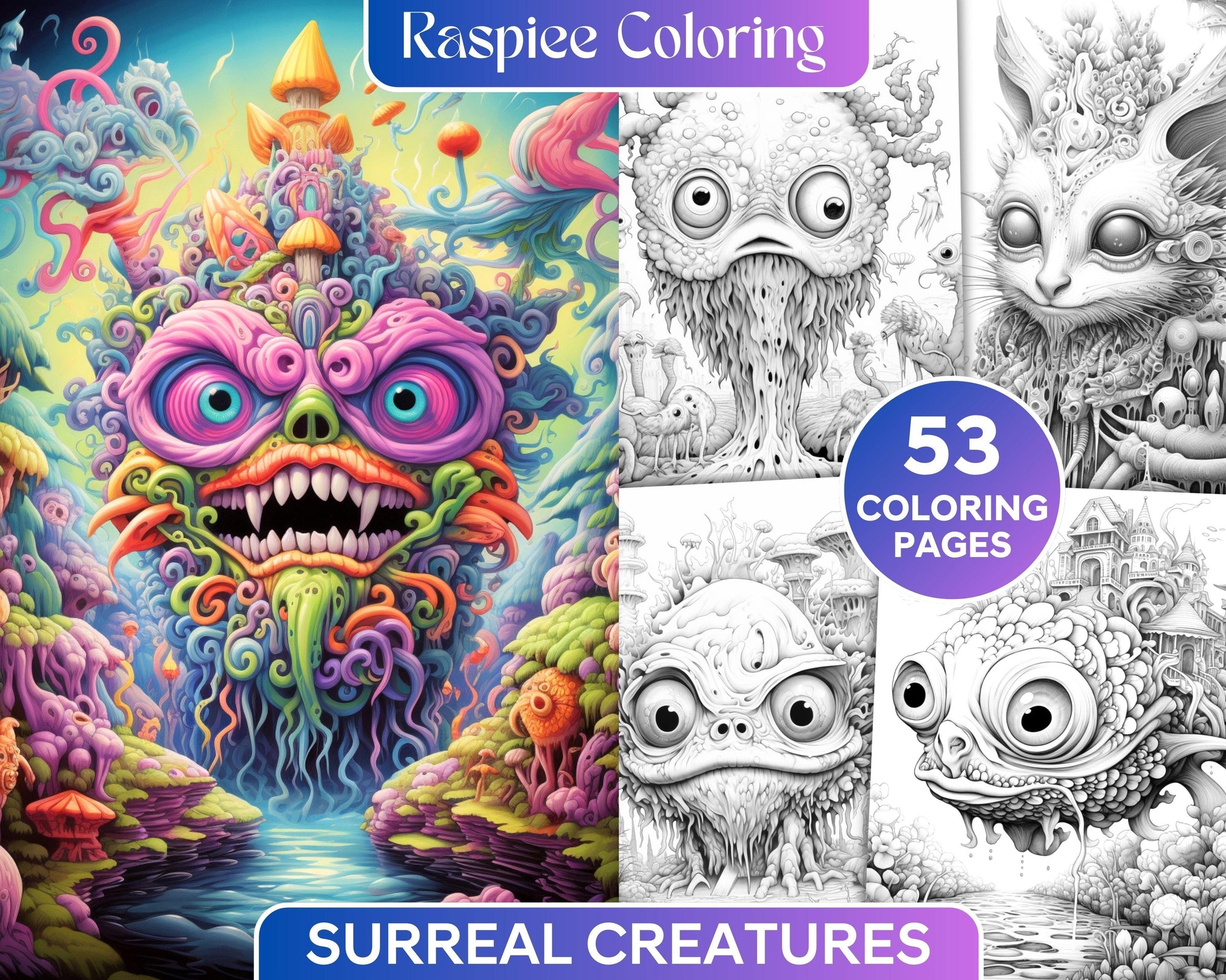 53 Surreal Creatures Grayscale Coloring Pages for Adults, Printable PD