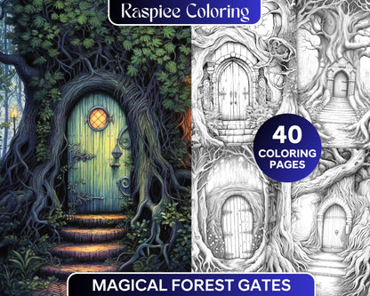 Magical Forest Gates Grayscale Coloring Pages, Printable Coloring Pages for Adults, Adult Coloring Book, Nature-themed Grayscale Art, Detailed and Intricate Coloring Designs
