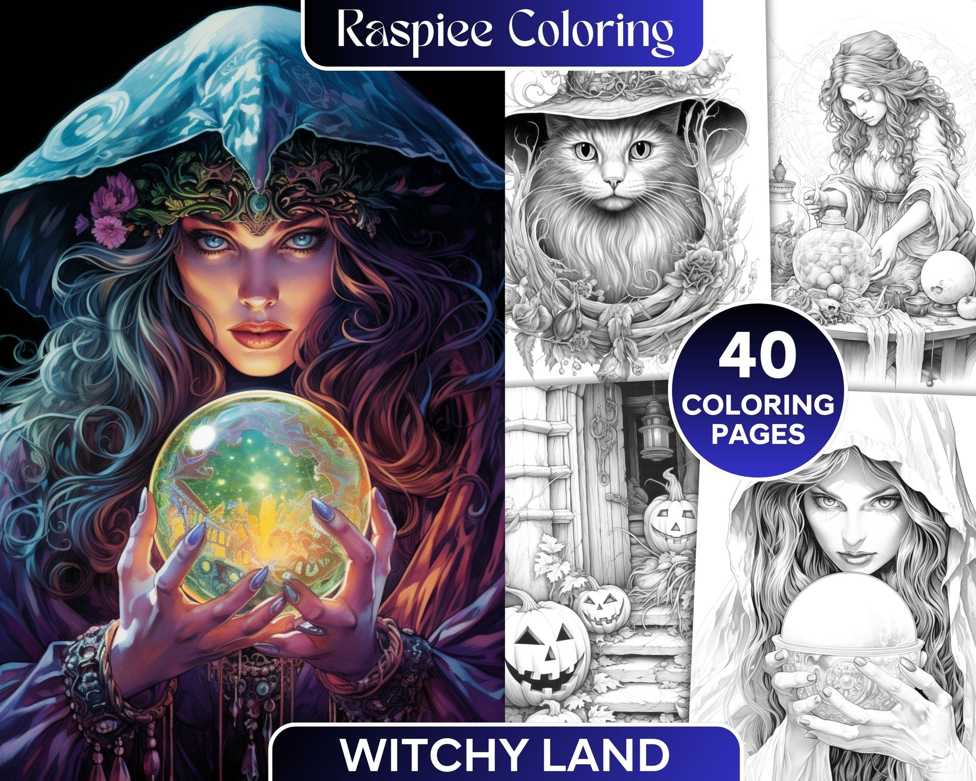 40WitchyLandGrayscaleColoringPagesPrintableforAdults,PDFFileInstantDownload