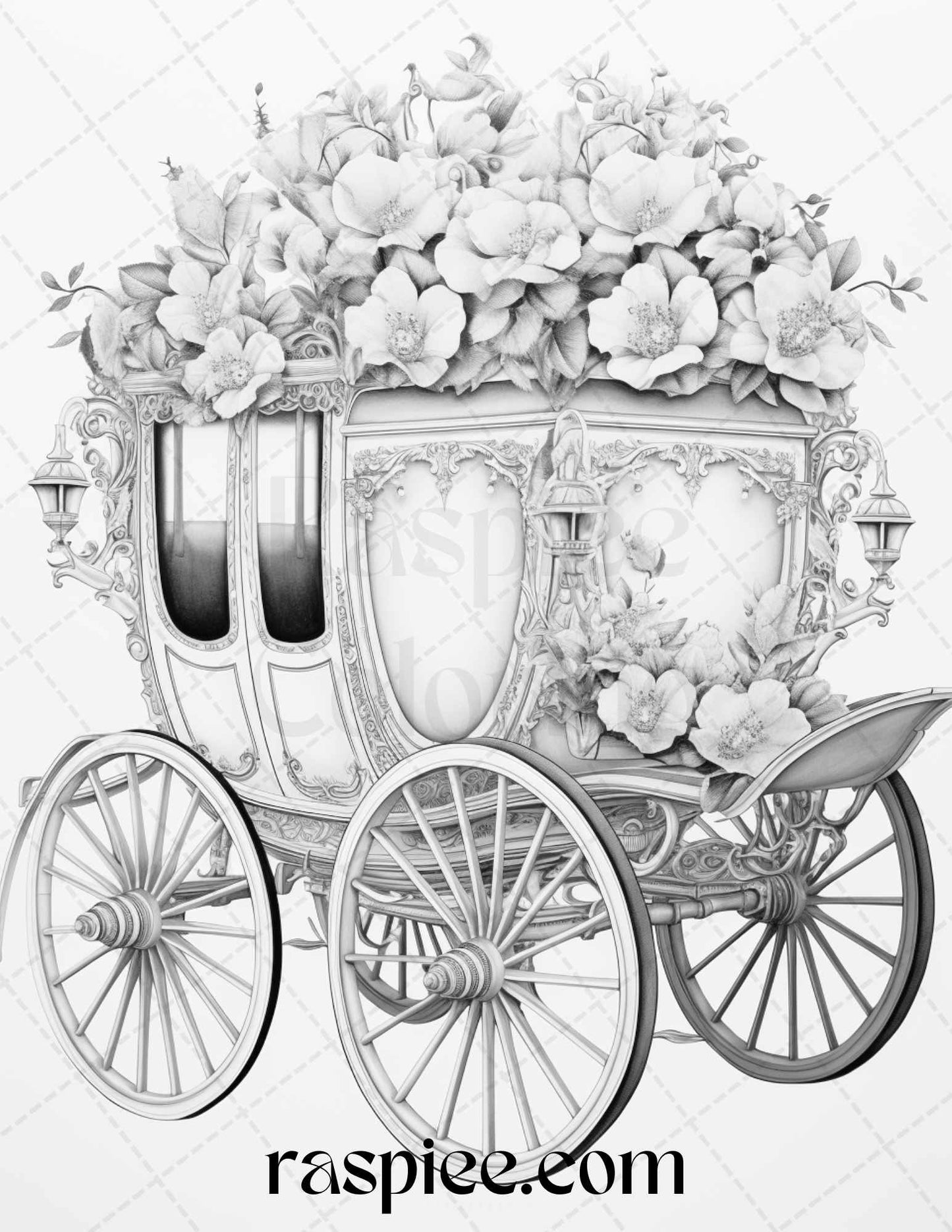 Vintage Flower Carriage Grayscale Coloring Page for Adults, Printable Black and White Coloring Book Illustration, Relaxing Floral Coloring Page Instant Download, Digital Printable Antique Flower Carriage Design, High-Quality PDF Printable Coloring Sheet
