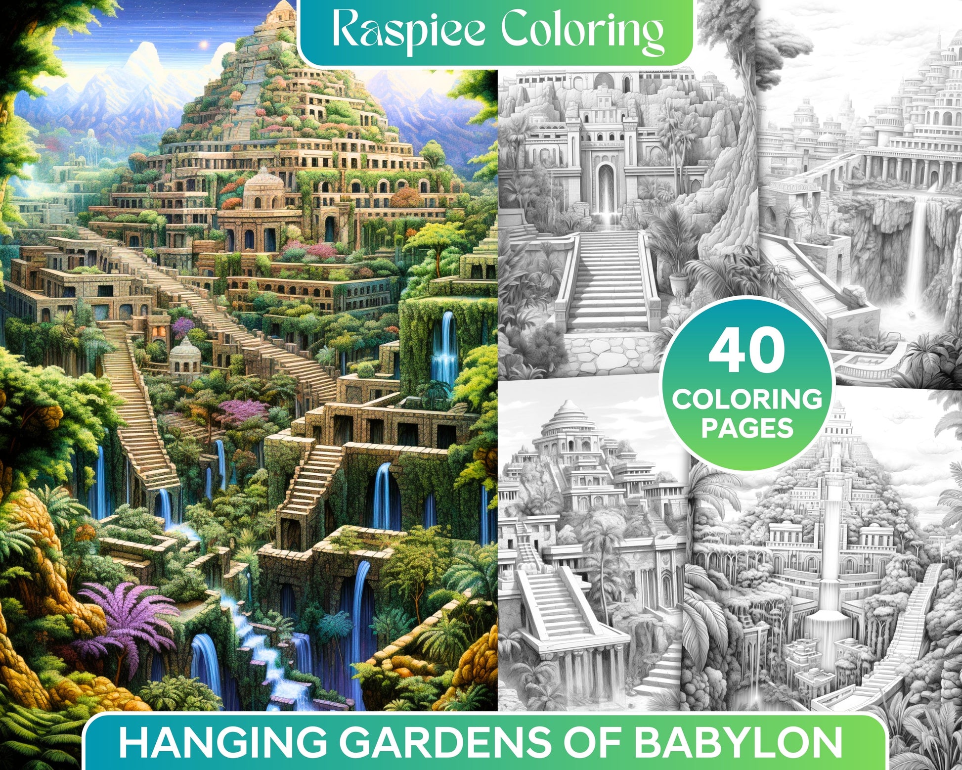 Hanging Gardens of Babylon Grayscale Coloring Pages, Printable Garden Coloring Sheets, Adult Coloring Stress Relief Book, DIY Instant Download Art
