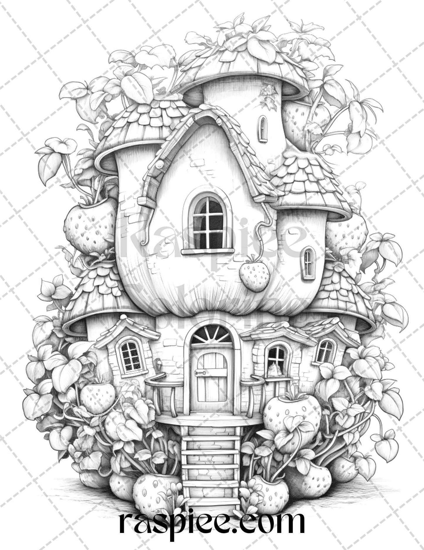 grayscale coloring pages, printable coloring pages, adult coloring pages, kids coloring pages, strawberry houses, grayscale art, coloring book, digital download