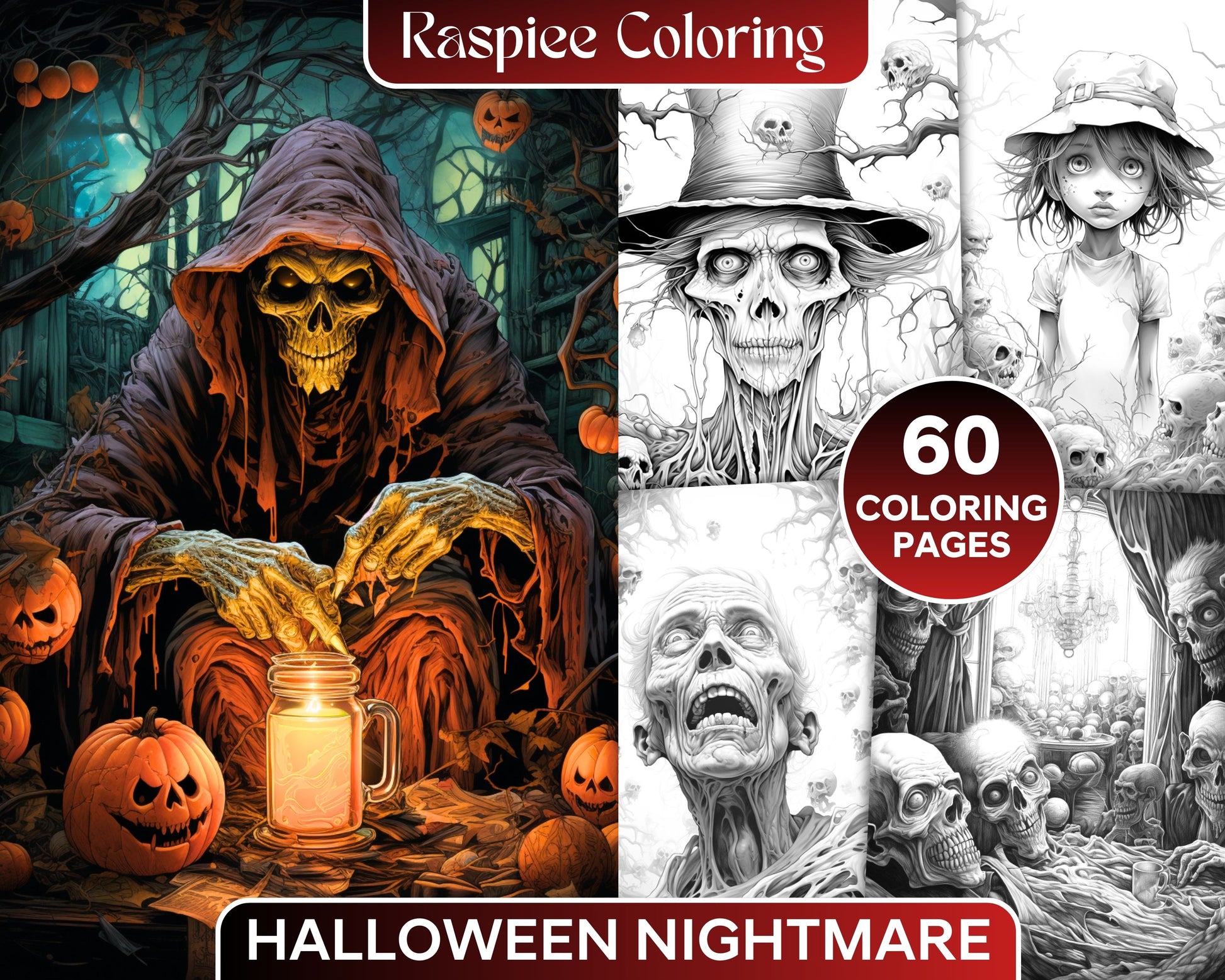 60 Halloween Nightmare Grayscale Coloring Pages Printable for Adults, in  2023