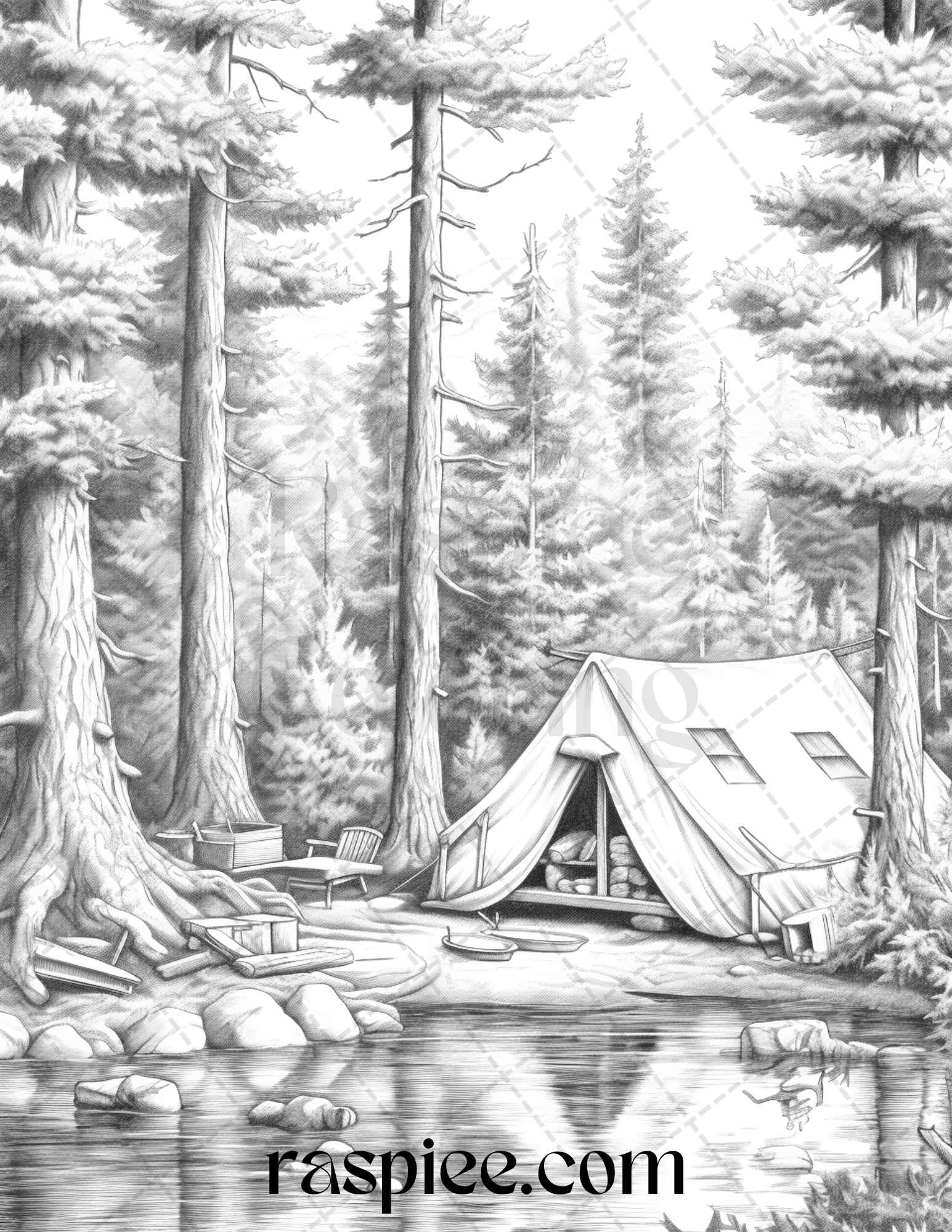 Nature Camping Grayscale Coloring Page, Adult Printable Coloring Sheet, Outdoor Scene Coloring Art