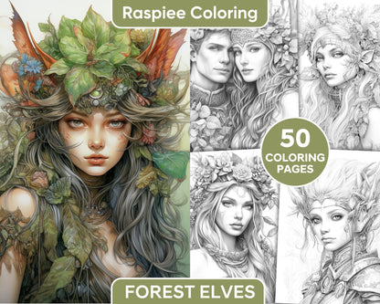 50 Fantasy Forest Elves Grayscale Coloring Pages for Adults, Printable PDF Instant Download