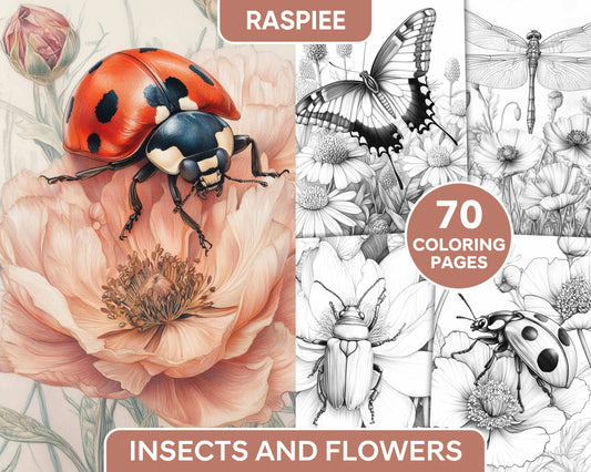 Insects and Flowers Adult Coloring Pages - RASPIEE