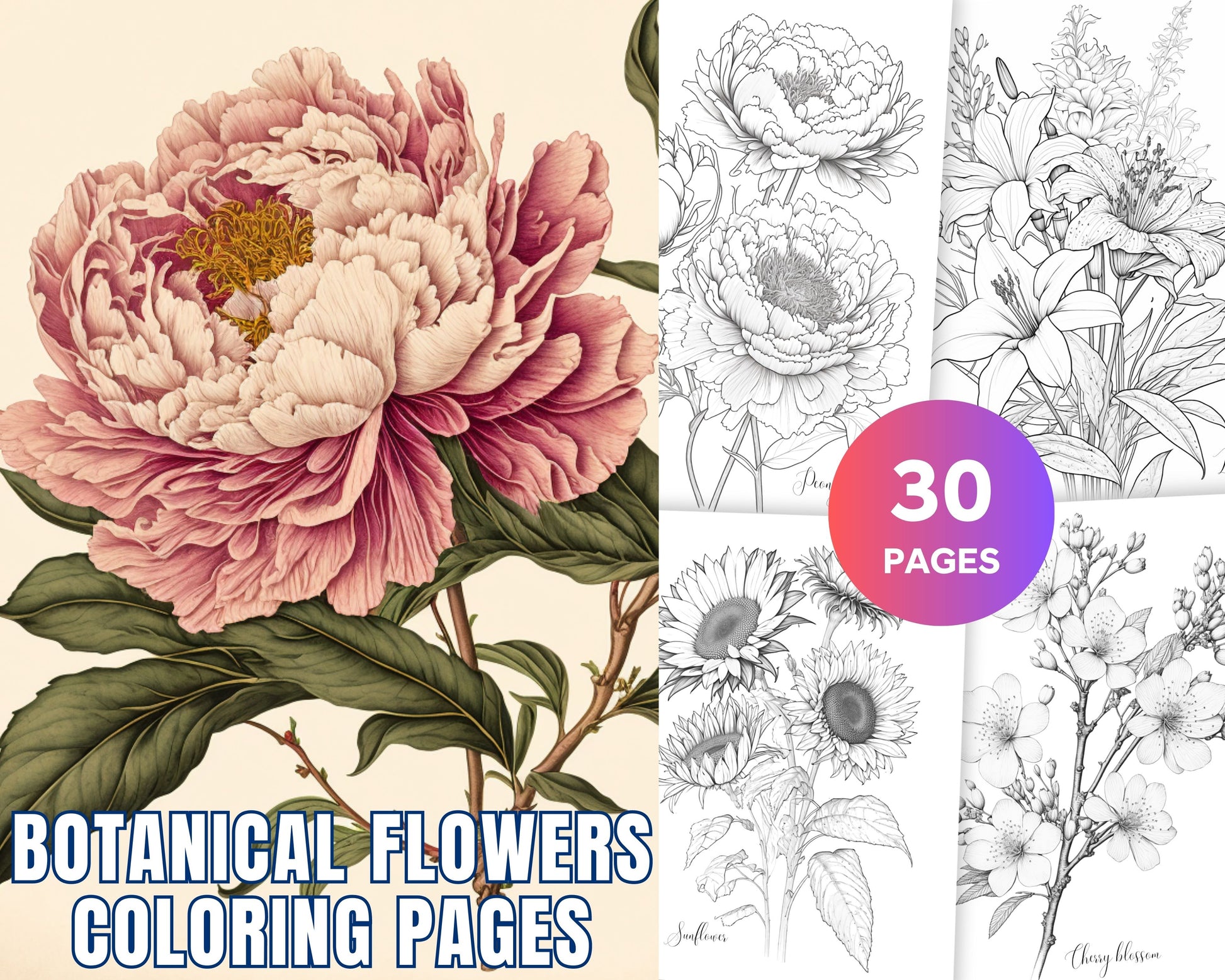 Botanical Flowers Printable Grayscale Coloring Pages for Adults