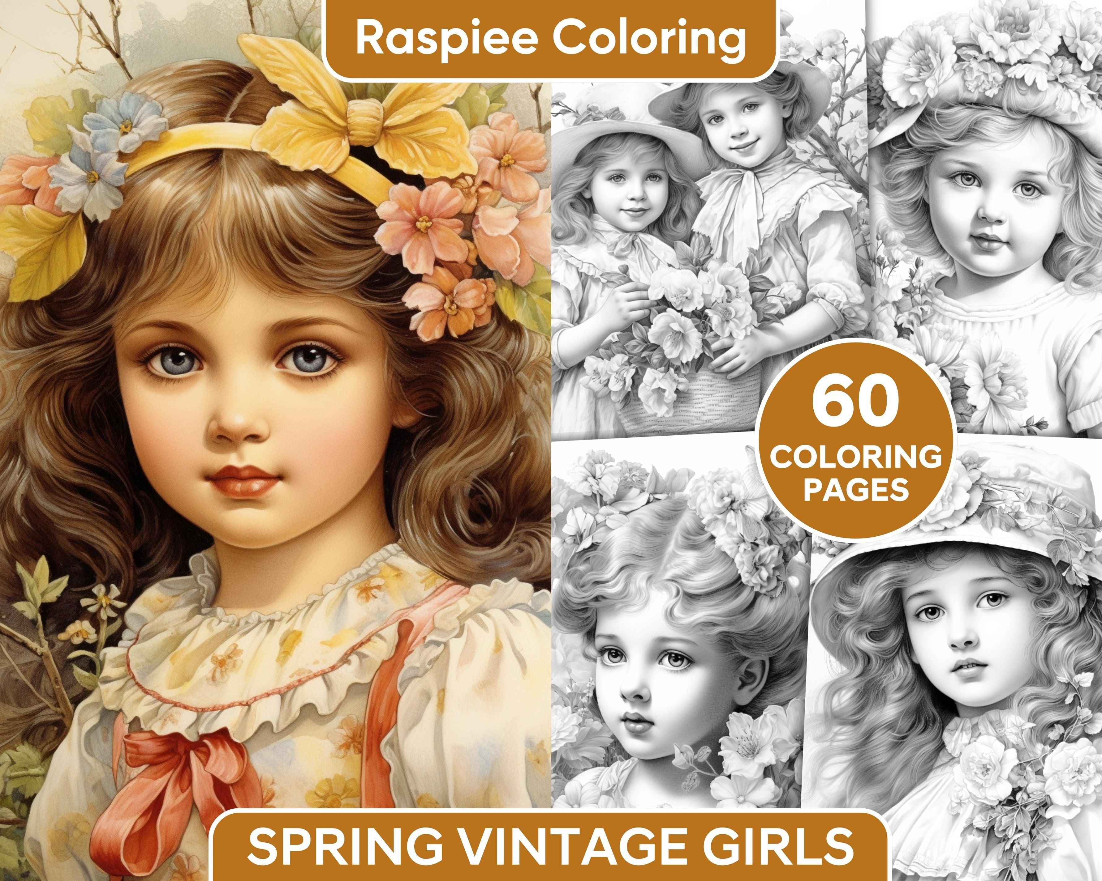 60 Spring Vintage Girls Grayscale Adult Coloring Pages, Printable PDF ...