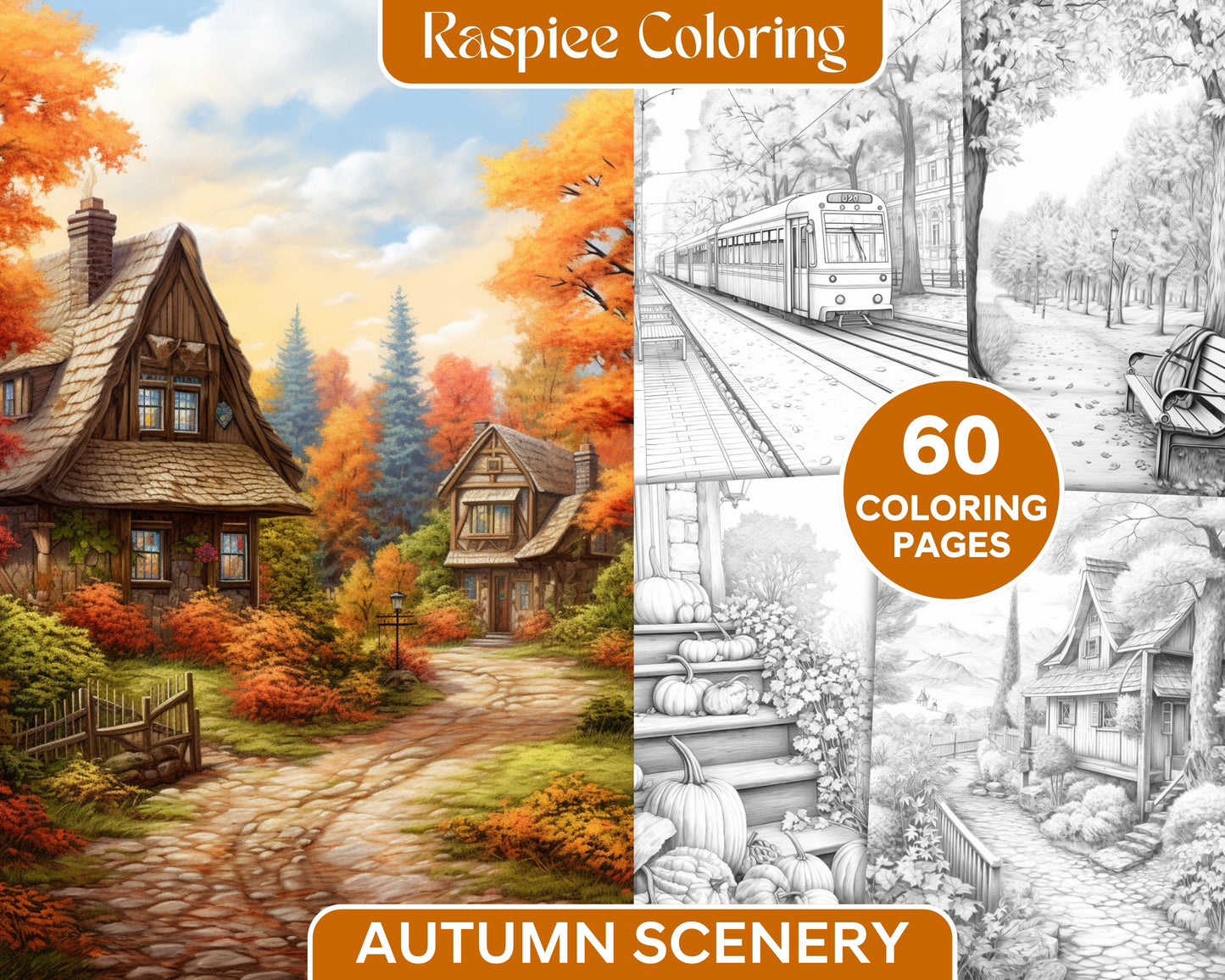 Autumn Scenery Grayscale Coloring Page for Adults, Printable Fall Season Coloring Book, Nature Scenes in Grayscale for Relaxation, Autumn Leaves Coloring Sheets, Digital Download Adult Coloring Pages