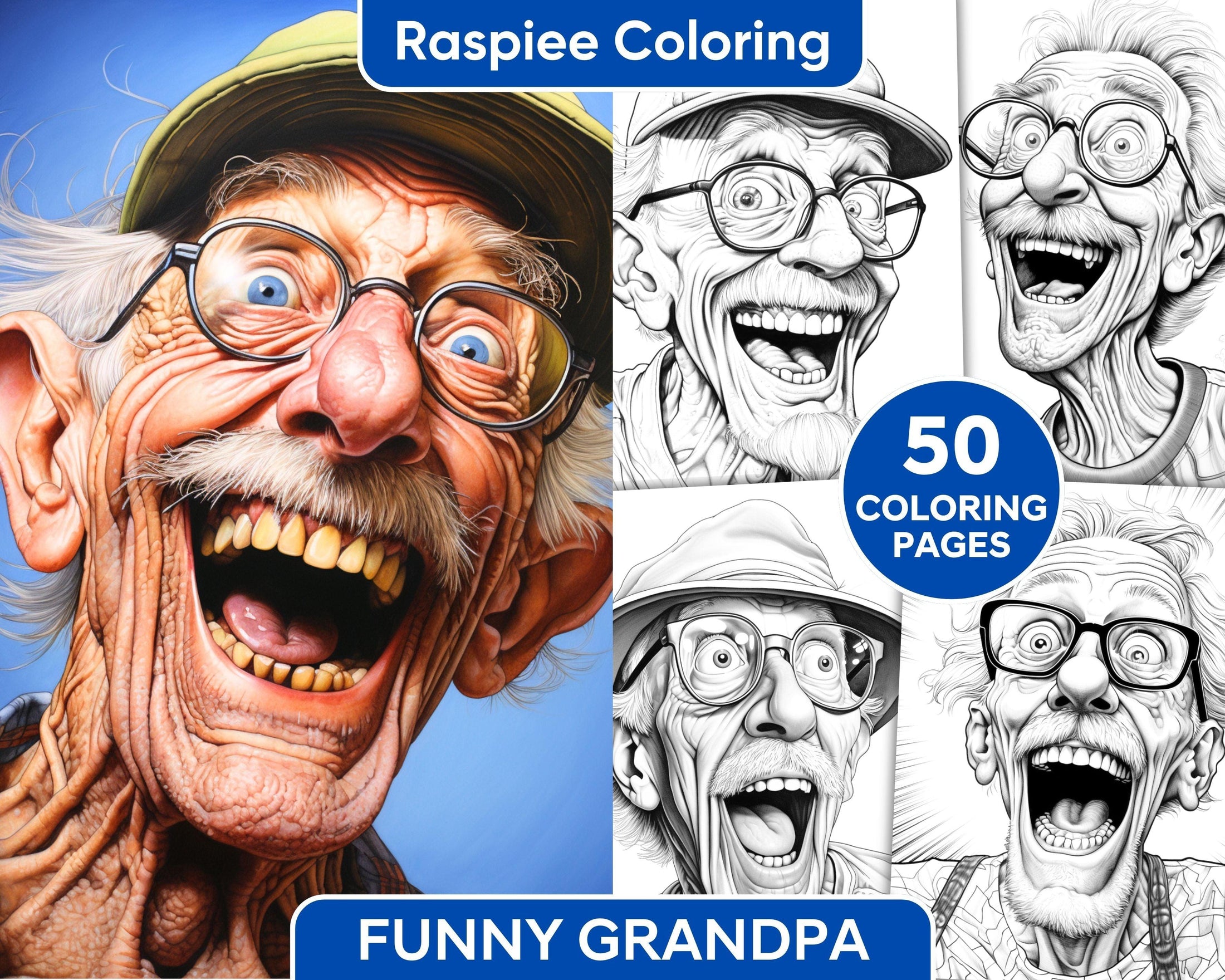 50 Funny Grandpa Grayscale Coloring Pages for Adults, Printable PDF In ...
