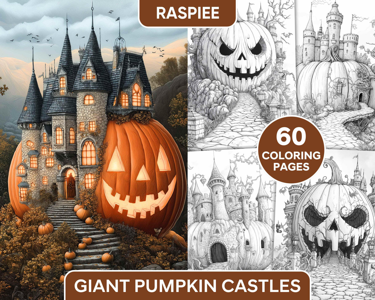 Fantasy Giant Pumpkin Castles Adult Coloring Pages Printable PDF Instant Download - RASPIEE