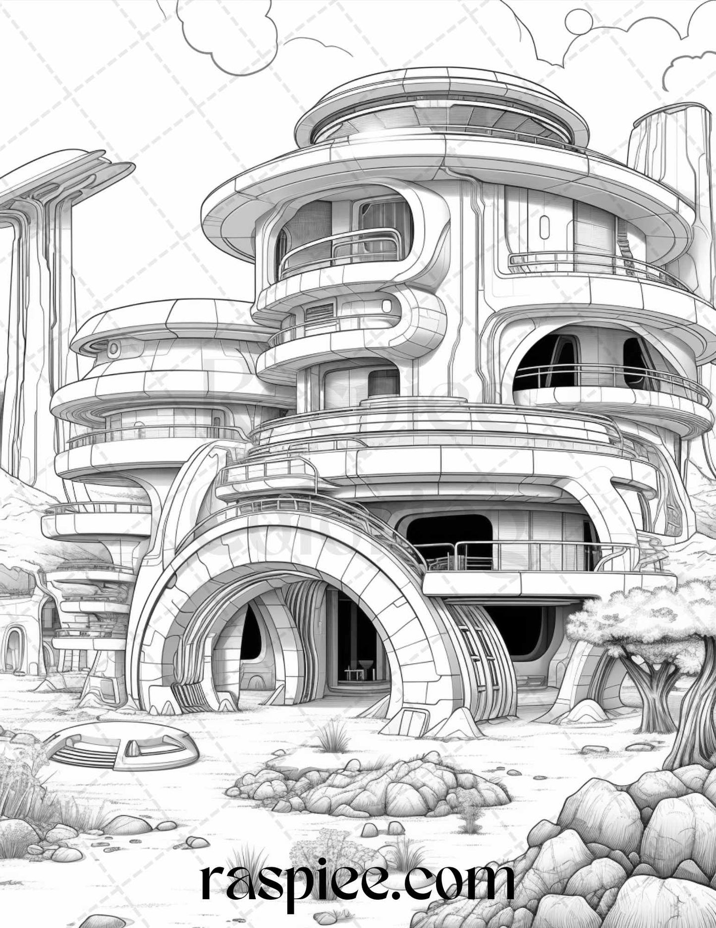 Futuristic Houses Coloring Pages, Printable Adult Coloring, Sci-Fi Architecture Coloring Pages, Urban Future Scenes Coloring Pages, Architecture Coloring Pages