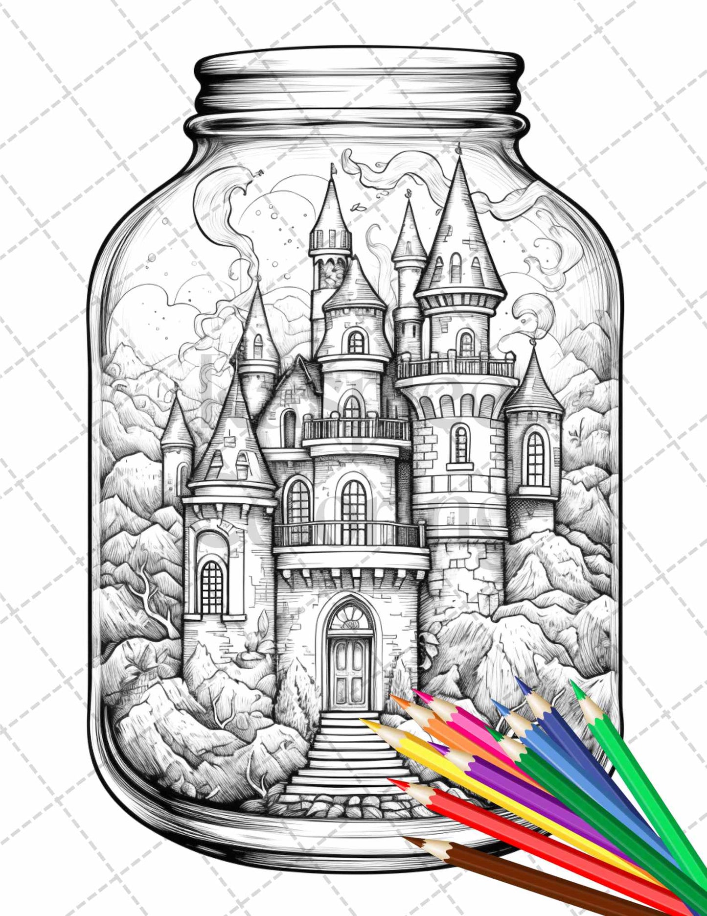 Grayscale fantasy castle coloring page for adults