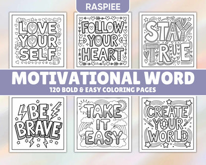 120 Bold and Easy Motivational Word Coloring Pages